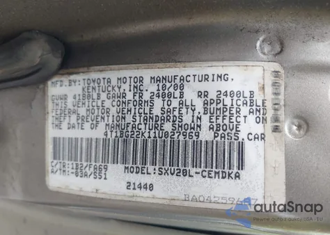 2001 Toyota Camry Ce/Le/Xle from USA, damaged, VIN 4T1BG22K11U027969